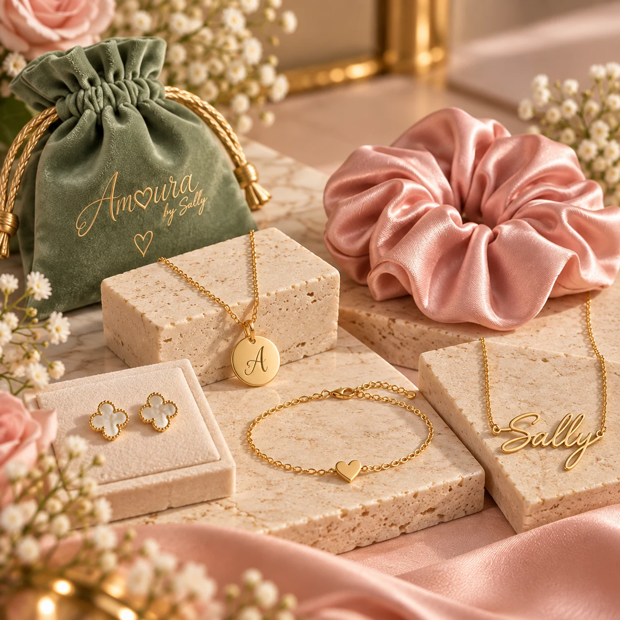 Amoura inspiration: gold-tone jewellery, a sage pouch and blush satin on warm stone